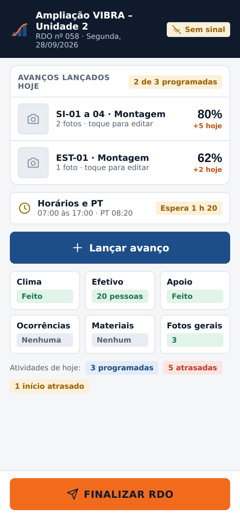 Tela inicial do supervisor com o RDO do dia e o botão Finalizar RDO
