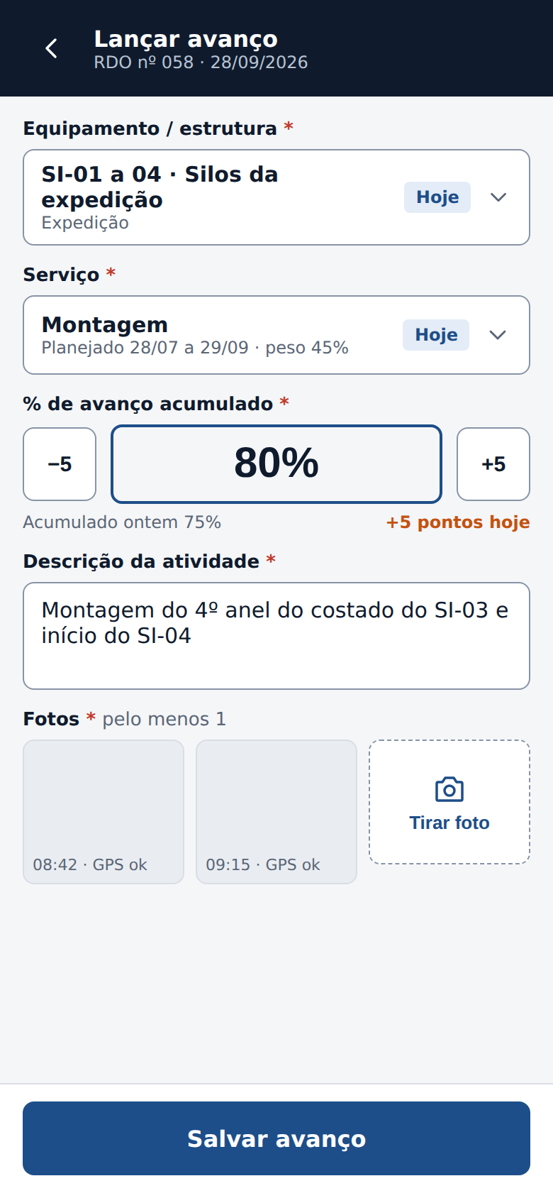 Lançar avanço: equipamento, serviço, porcentagem, descrição e foto